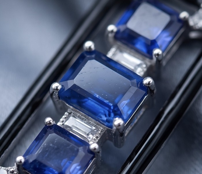8.5 carat Art Deco Sapphire black enamel .925 Sterling Silver handcrafted Pendant - Close-up of Art Deco sapphire with .925 sterling silver setting.