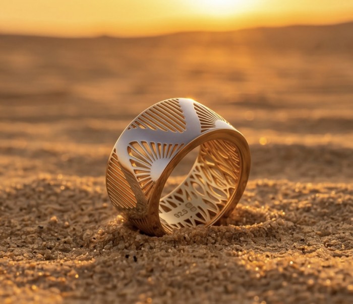 Secret code Precious Natural two tones .925 Sterling Silver Women ring size 6 - Side view of two-tone sterling silver ring on sandy surface at sunset.