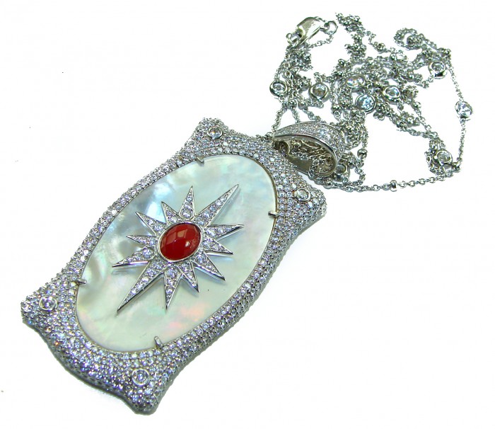 Precious Blister Pearl 2.4 carat Ruby .925 Sterling Silver .925 Sterling Silver Necklace; 24 inches long - Pendant detail with starburst ruby on sterling silver necklace.