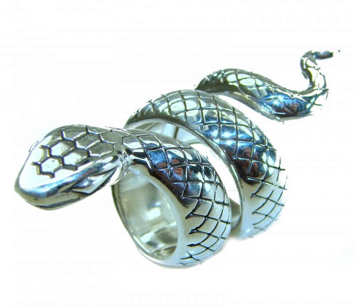 Large Boa Snake .925 Sterling Silver handcrafted Statement SPINAL Ring size 6 - Sterling silver snake ring, side view, coiled design detail.