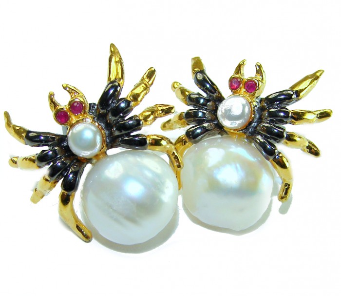 Spider Genuine Pearl 14K Gold rhodium over .925 Sterling Silver handcrafted Statement Earrings - Spider pearl earrings front view, gold and black detail with red accents.