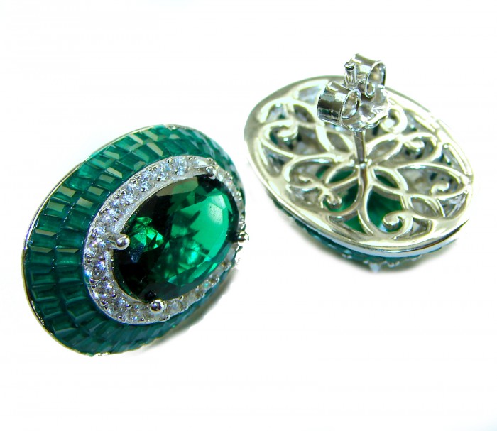 Julietta 12.5 carat Colombian Emerald .925 Sterling Silver handmade Statement earrings - Close-up of Julietta 12.5 ct Colombian Emerald sterling silver earrings.