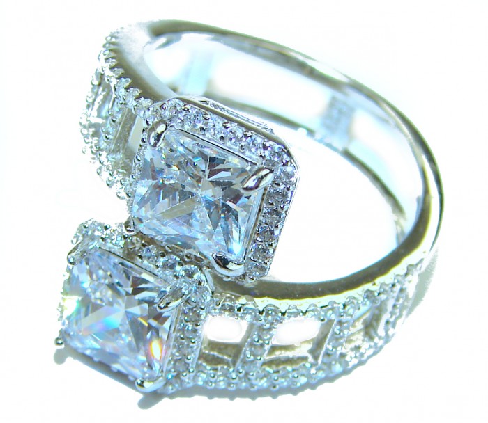 Pure Celestial Energy Natural 12.4 carat White Topaz .925 Sterling Silver handmade Statement Ring size 8 - Close-up of double square-cut white topaz ring with diamond accents