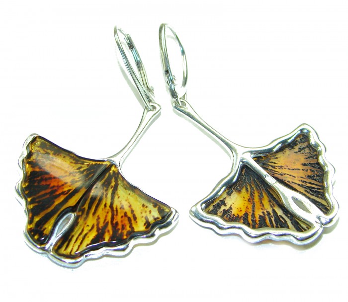 Wonderful Butterflies carved Baltic Polish Amber .925 Sterling Silver earrings - Butterfly-shaped amber earrings, front view, silver setting.