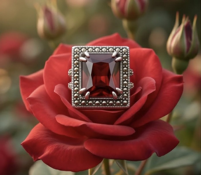 Carmen 10.4 carat Garnet .925 Sterling Silver dipped in rhodium brilliantly handcrafted Statement Ring size 8 - Close-up of Carmen garnet ring on a red rose.