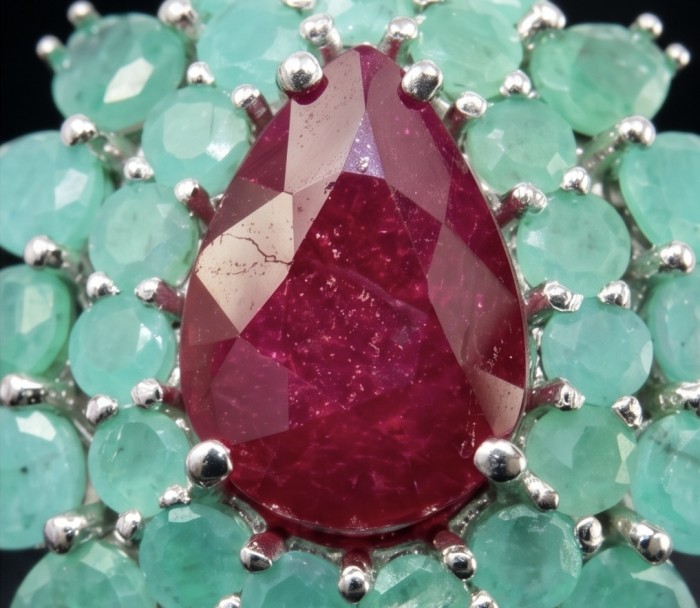 Rose Garden - authentic 10.5 carat Ruby Emerald rhodium over .925 Sterling Silver handcrafted Pendant - Stone close-up of 10.5 carat Ruby Emerald jewelry.