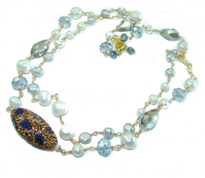 Precious genuine Mother of Pearl London Blue Topaz .925 Sterling Silver handcrafted Necklace - photo 2