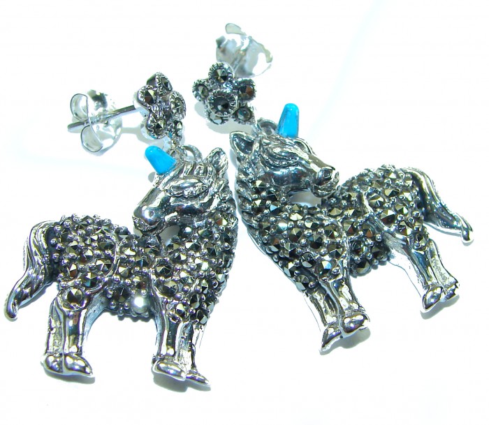 My sweet Unicorns Marcasite .925 Sterling Silver handmade Earrings - Close-up of unicorn earrings with marcasite and blue accents.