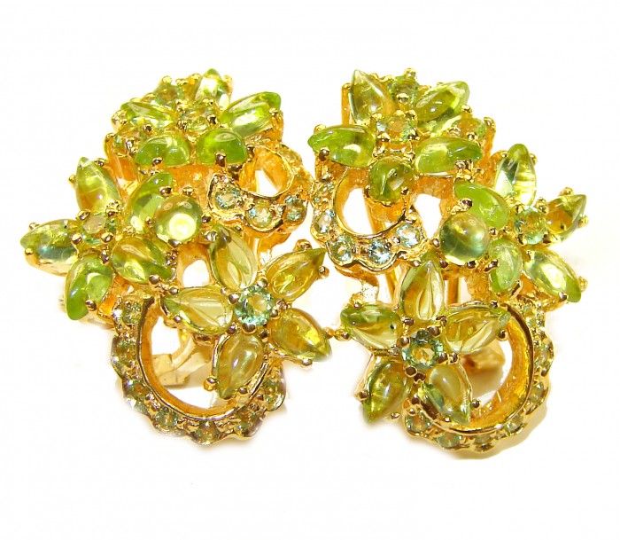 Marigolds authentic 21.5 carat Peridot 14K Gold over .925 Sterling Silver handcrafted Statement earrings - Front view of Peridot earrings with 14K gold and floral design.