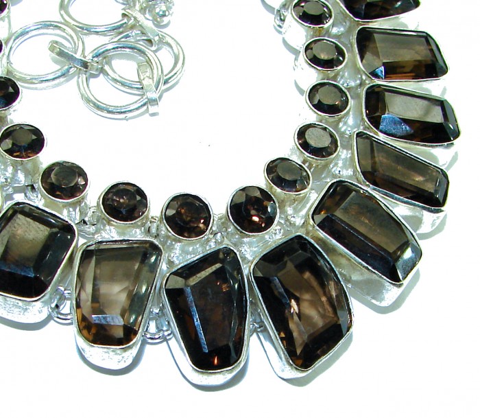 Precious genuine 88.9 carat Smoky Topaz .925 Sterling Silver handcrafted Necklace - Close-up of Smoky Topaz and sterling silver necklace stones.