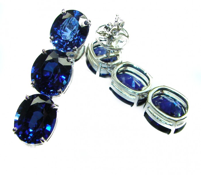 Deep Ocean 22.5 carat London Blue Topaz .925 Sterling Silver handmade Statement earrings - Close-up of Deep Ocean 22.5 carat London Blue Topaz earrings.