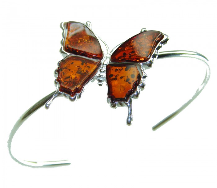 Golden Butterfly Genuine carved Baltic Amber .925 Sterling Silver dipped in 18K Gold handamde Bracelet - Butterfly amber bracelet, top view, in sterling silver setting.