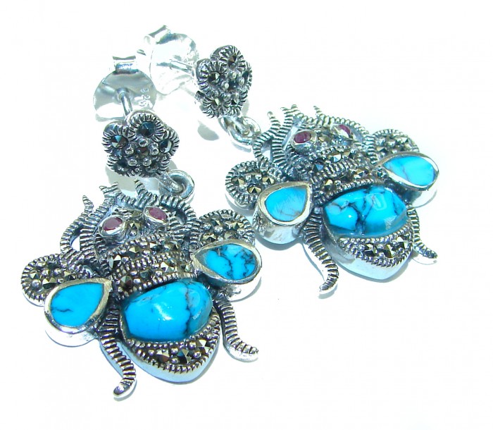 Blue Bees inlay Turquoise Ruby Marcasite .925 Sterling Silver Handcrafted earrings - Close-up of blue turquoise and ruby bee earrings in sterling silver.