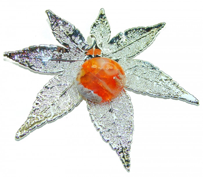 REAL Leaf dipped in sterling silver 22.2 Golden Mexican Fire Opal & .925 Sterling Silver Pendant - Silver leaf pendant with orange stone, top view.