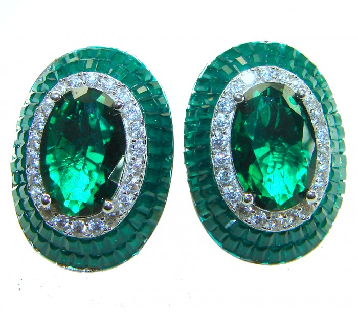 Julietta 12.5 carat Colombian Emerald .925 Sterling Silver handmade Statement earrings - Close-up of Julietta Colombian emerald earrings with diamonds