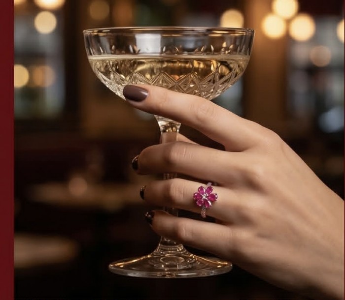 Stella - 6.9 carat Ruby .925 Sterling Silver handcrafted incredible ring s. 8 - Ruby ring worn on hand holding a champagne glass, close-up view.