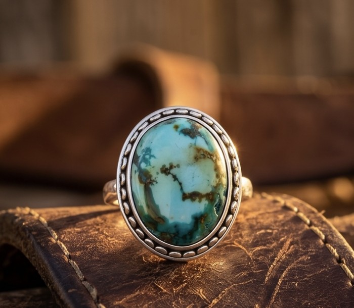 Beautiful Journey - Rare authentic Turquoise .925 Sterling Silver handcrafted Large ring; s. 7 1/2 - Turquoise ring close-up on leather background
