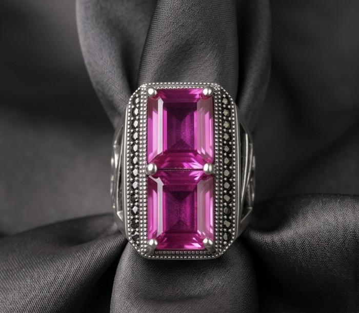 Anastasia 18.2 carat Pink Sapphire .925 Sterling Silver dipped in Rhodium Handcrafted Statement Ring size 8 - Front view of Anastasia 18.2 carat pink sapphire sterling silver ring