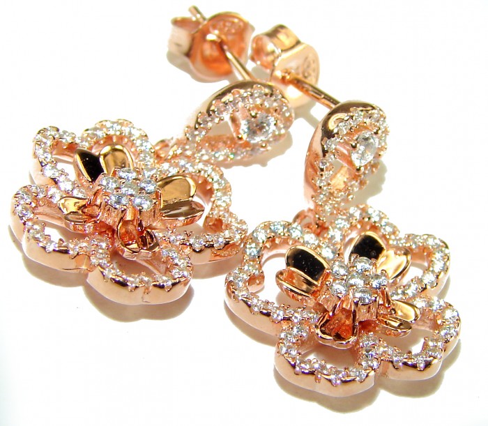 Dazzling Flowers 1.2 carat White Topaz 14K Rose Gold over .925 Sterling Silver handcrafted Earrings - photo 2