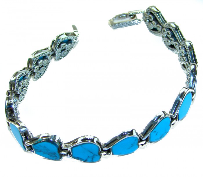 Fantastic inlay Turquoise Marcasite .925 Silver handmade double-sided Bracelet - Bracelet side view: Turquoise inlay, Marcasite, .925 Silver craftsmanship.