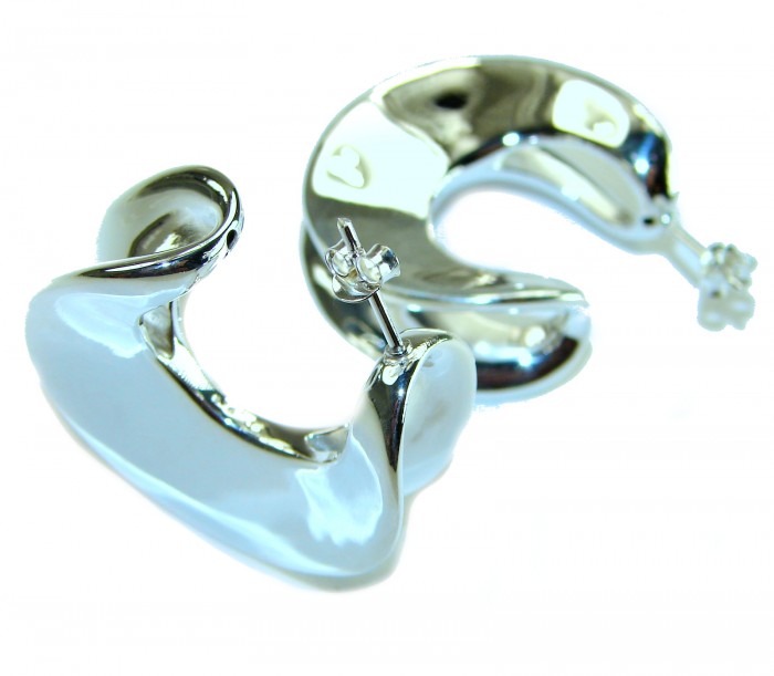 LARGE - EXTRAVAGANZA - Highly Polished Fancy .925 Sterling Silver Italy made Earrings - Artistic silver earrings, side view, showcasing polished design.
