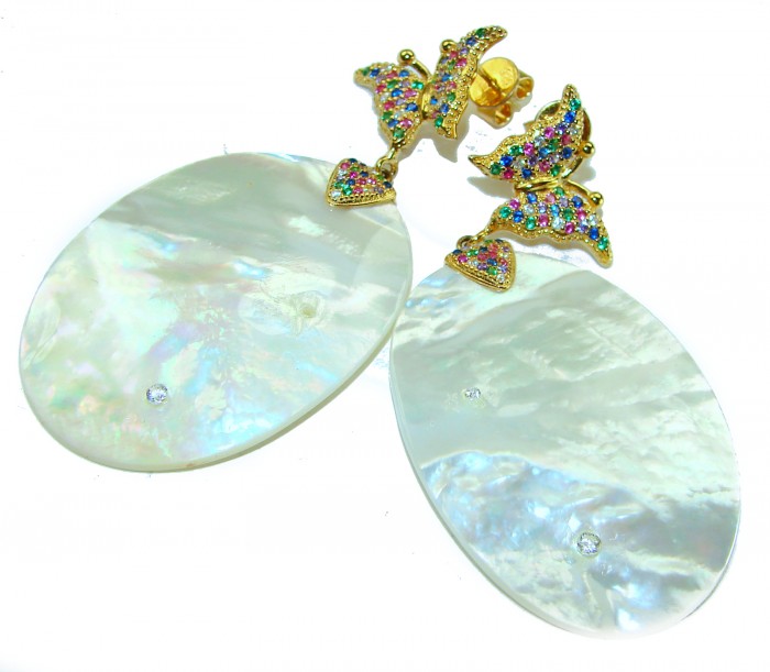 Large Genuine Blister Pearl 18K Gold over .925 Sterling Silver handcrafted Statement Earrings - Butterfly earrings, frontal view, blister pearl and multicolor stones