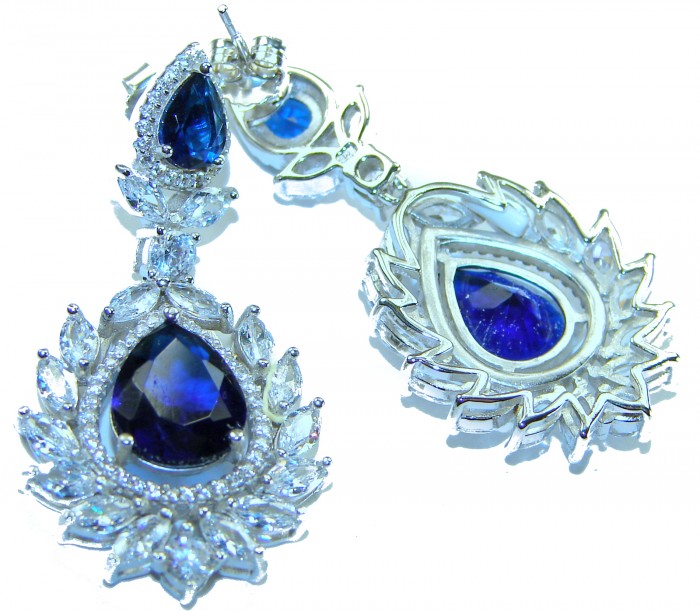 Vintage style - Giovanna - Authentic pear cut 8.9 carat Sapphire .925 Sterling Silver handcrafted earrings - Close-up of vintage-style earrings with pear-cut sapphire.