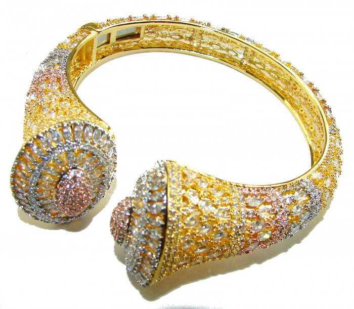 Art Deco Genuine 76.5 carat White Topaz .925 Sterling Silver handcrafted 2 tones Statement bracelet - Top view of Art Deco bracelet with white topaz and intricate detailing.