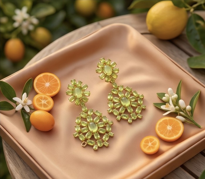 Alessia authentic 41.9 carat Brazilian Peridot 22K Gold over .925 Sterling Silver handmade Large Statement earrings - Elegant Peridot earrings on silk with citrus and flowers, top view.