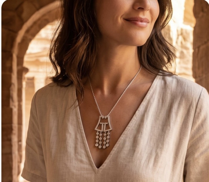 Precious Genuine White Topaz rhodium over .925 Sterling Silver handmade necklace - Necklace worn, front view showing pendant detail with white topaz stones.