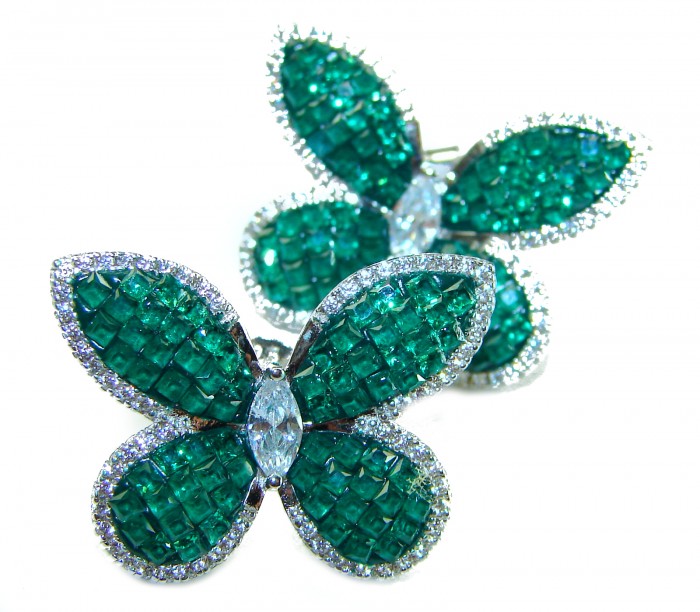 Incredible Butterflies genuine 10.5 CARAT Emerald .925 Sterling Silver handcrafted Earrings - photo 3