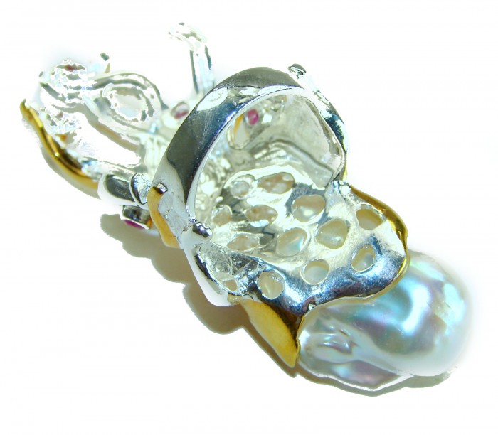 Massive Golden Mother of Pearl Octopus with Ruby eyes 18K Gold over .925 Sterling Silver handcrafted ring s. 6 - Close-up of massive octopus pendant with pearl and ruby eyes