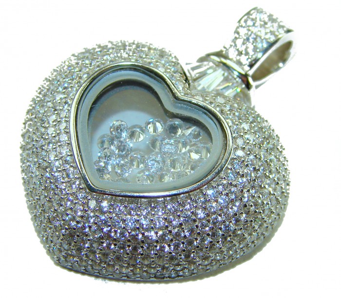 Precious Heart - Floating Memories 4.5 carat White Sapphire .925 Sterling Silver Handcrafted Statement pendant - Heart pendant with sparkling stones, close-up view.