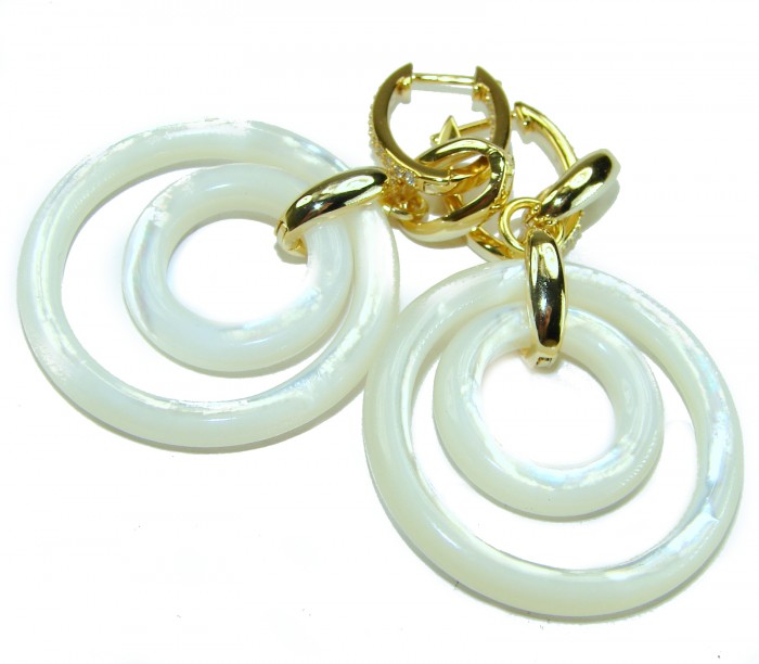 Genuine Blister Pearl lab grown Diamond 18K Gold over .925 Sterling Silver handcrafted Large Statement Earrings - Close-up of gold and pearl earrings on white background