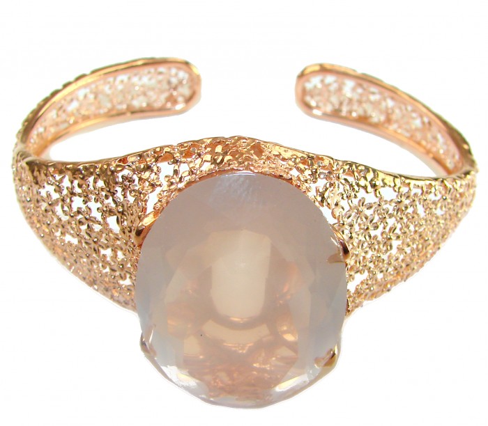 Vintage Beauty Genuine 42.2 carat Brazilian Rose Quartz Rose quartz 22K Rose Gold over .925 Sterling Silver handcrafted Bracelet / Cuff - Side view of vintage rose quartz bracelet with textured band.