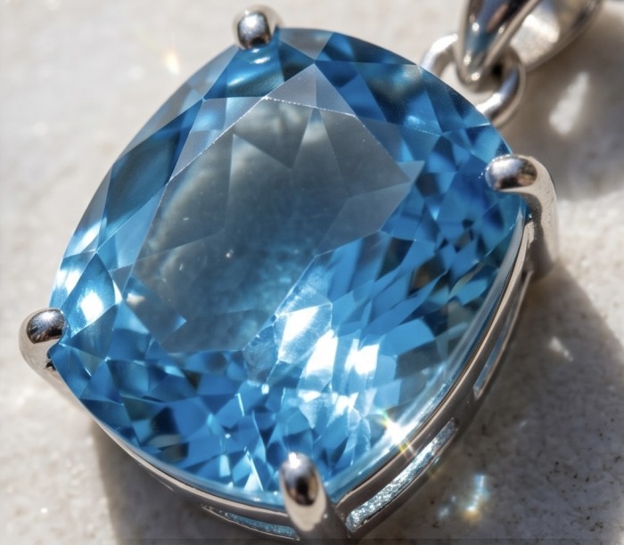 Vintage style 24.8 carat Swiss Blue Topaz .925 Sterling Silver DIPPED IN RHODIUM handmade Pendant - Close-up of vintage style Swiss Blue Topaz in .925 sterling silver setting