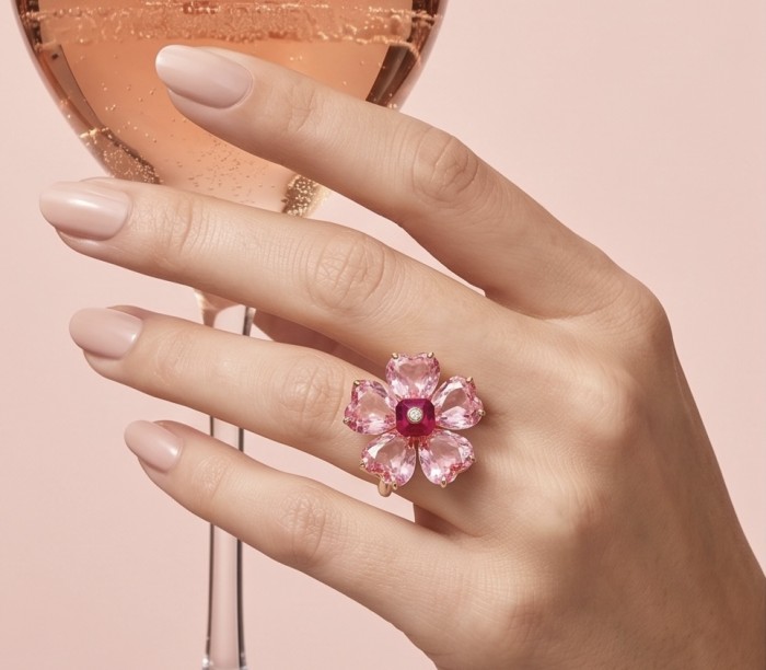 Cherry Blossom 27.5 carat Pink Amethyst 14K Gold over .925 Silver handcrafted Cocktail Ring s. 7 - Hand wearing Cherry Blossom ring, pink amethyst in floral design.