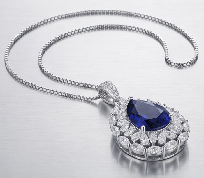 Handcrafted - authentic 15.8 carat African Kyanite .925 Sterling Silver dippedin rhodium handmade necklace - Necklace side view with blue kyanite and diamond accents on silver chain.