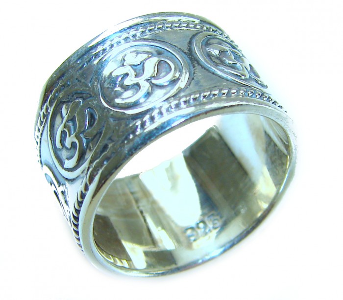 Mantra Large and Solid Bali made .925 Sterling Silver ring size 6 3/4 - Sterling silver ring with engraved symbols, angled side view.