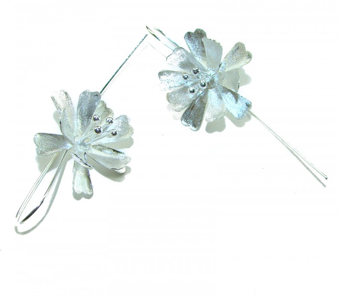 Silver Flowers Italy made .925 Sterling Silver Earrings - Silver flower earrings, side view, showing petals and beads. Made in Italy.