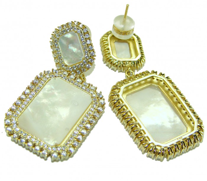 Genuine Blister Pearl lab grown Diamond 18K Gold over .925 Sterling Silver handcrafted Large Statement Earrings - Blister pearl earrings with diamonds in gold, front and back view.