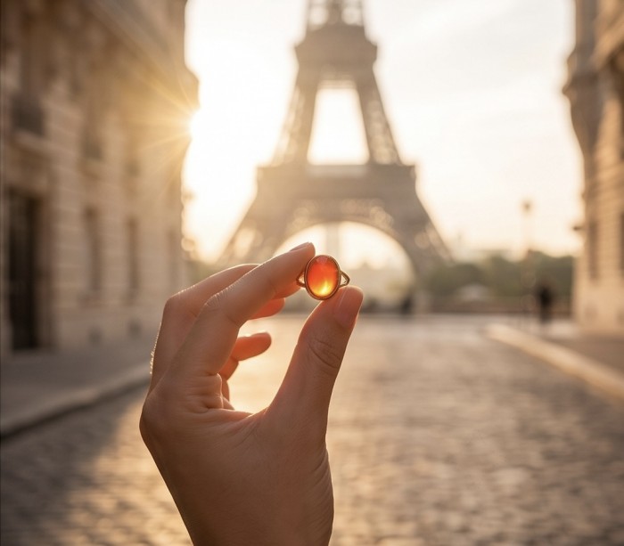 Queen of Fire best quality 11.4 carat Mexican Opal .925 Sterling Silver dipped in 18K Gold handmade ring 7 1/4 - Mexican Opal ring held against Eiffel Tower in the background.