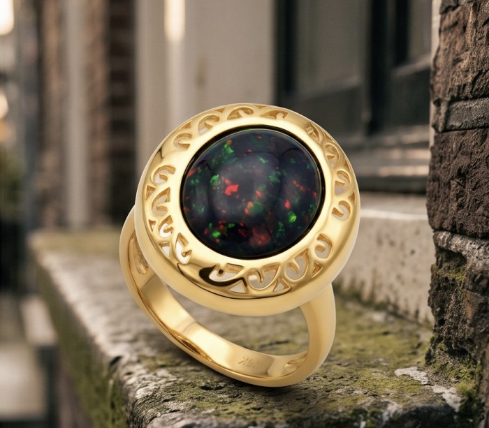 Milky way Genuine 22.2 carat Black Opal 18K Gold over .925 Sterling Silver handmade Ring size 9 - Black Opal ring in 18K gold, close-up with intricate details.