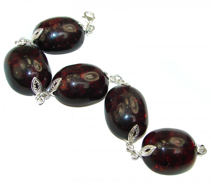 Large Beautiful Dark Cognac Amber .925 Sterling Silver handcrafted Bracelet - photo 1