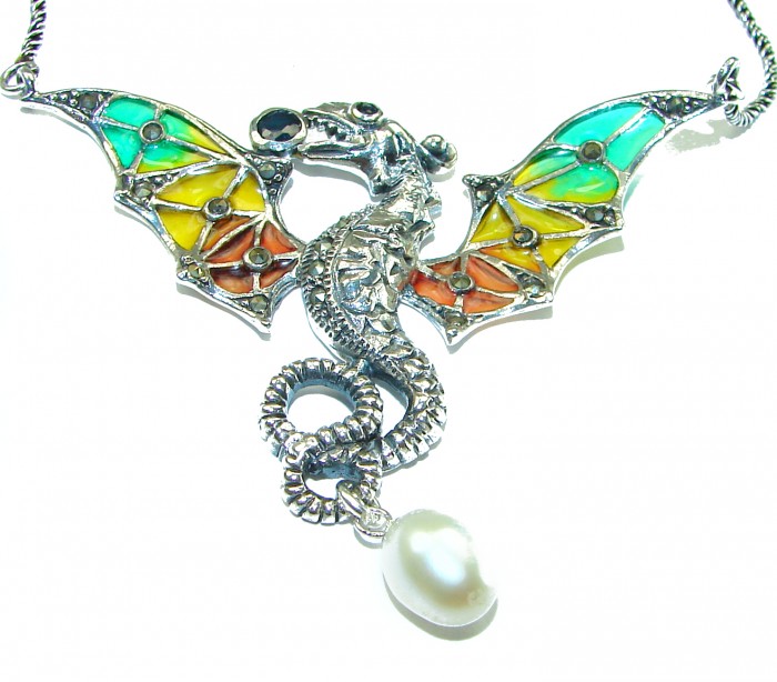 Awesome Flying Dragon Natural Enamel .925 Silver handcrafted Necklace - photo 1