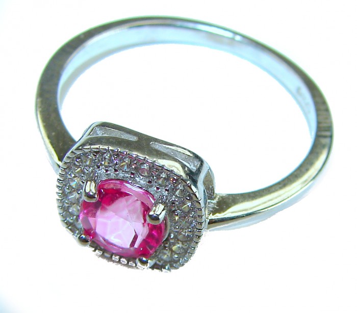 A Spark of Sweetness 5.8 carat Hot Pink Sapphire .925 Sterling Silver Ring s. 8 1/4 - Close-up of ring with hot pink sapphire and diamond halo.
