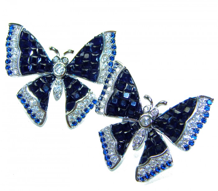 Magnificent Jewel Sapphire Butterflies .925 Sterling Silver handcrafted incredible earrings - Sapphire butterfly brooches in close-up, sterling silver detail.
