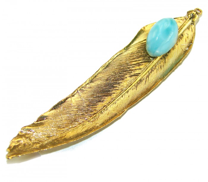 Natural Leaf Larimar 14K Gold over .925 Sterling Silver handmade - Gold leaf design with blue larimar stone, angled side view.