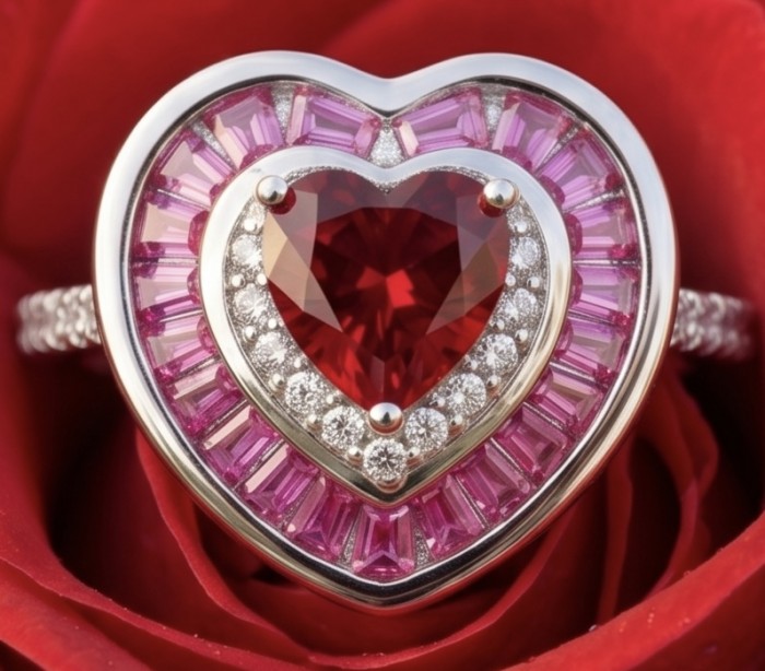 Art deco - My Sweet Heart Natural 4.8 carat Mozambique Ruby .925 Sterling Silver Handcrafted Cocktail Ring s. 7 1/2 - Heart-shaped ruby ring close-up, surrounded by pink and white stones.
