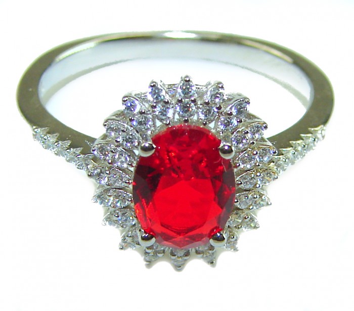 Authentic 2.3 carat Ruby .925 Sterling Silver handmade Cocktail Ring s. 7 1/4 - Ruby ring with diamond halo, top view close-up.